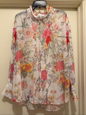 Gibson Latimer Floral Sheer Blouse in Pink & Yellow